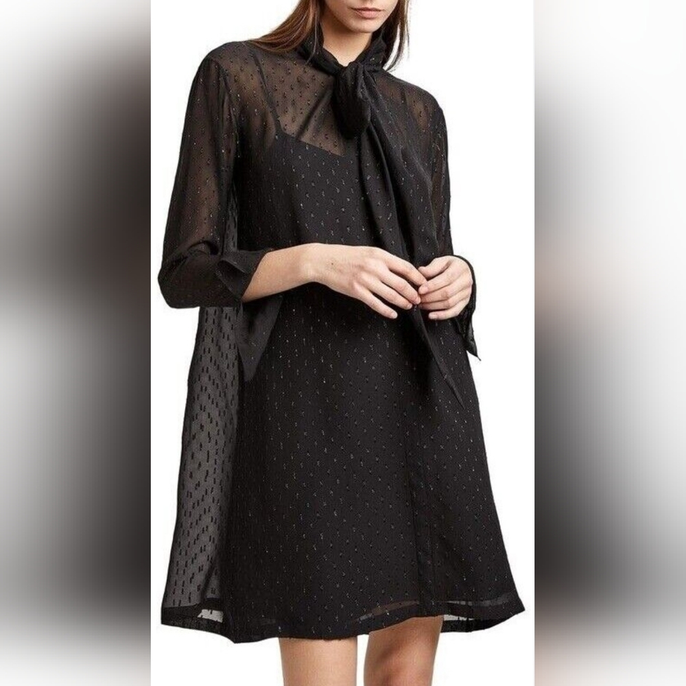 Theory Black Long-Sleeve Tie-Neck Shift Dress EUC